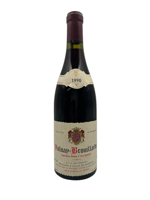 Flaske med Volnay Brouillards 1990 rødvin