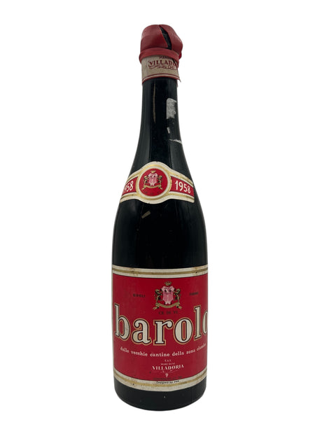 Flaske Barolo Villadoria 1958 med rød etiket
