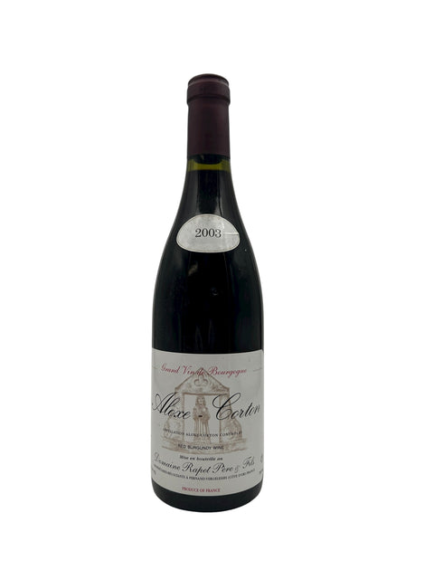 Flaske af Aloxe Corton Domaine Rapet rødvin fra 2003 med etiket